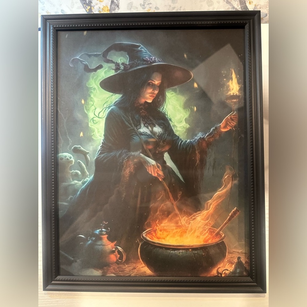 Witch Art Print  witch holding a cauldron,  a spider web bats. framed 8x10”